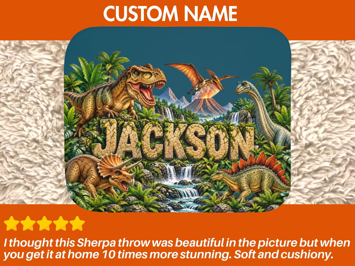 Personalized Dinosaur Blanket with Name, Custom Kids Sherpa Blanket, Dinosaur Gift for Boy