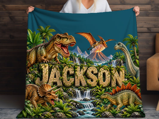 Personalized Dinosaur Blanket with Name, Custom Kids Sherpa Blanket, Dinosaur Gift for Boy