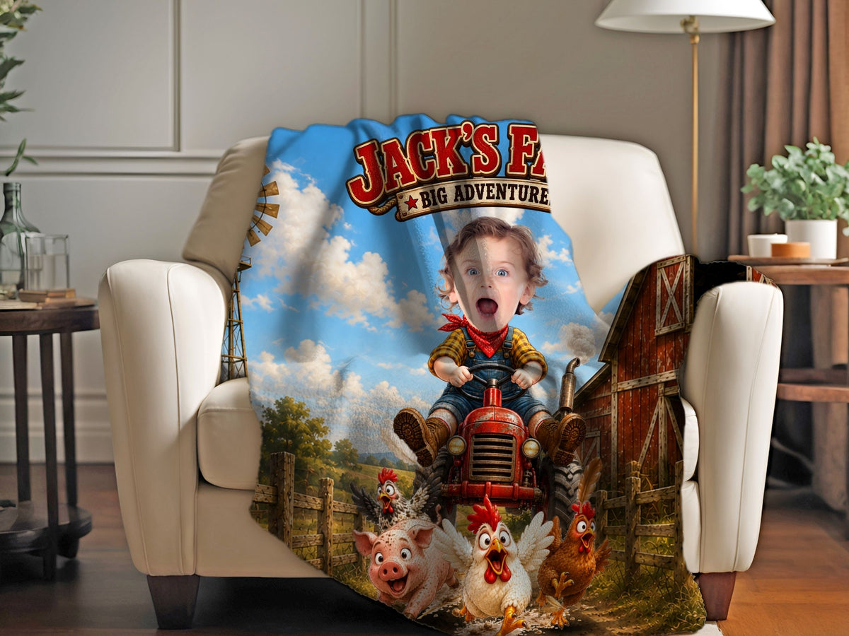 Custom Farm Blanket with Photo, Personalized Tractor Blanket for Kids, Farm Animal Blanket, Farmer Gift