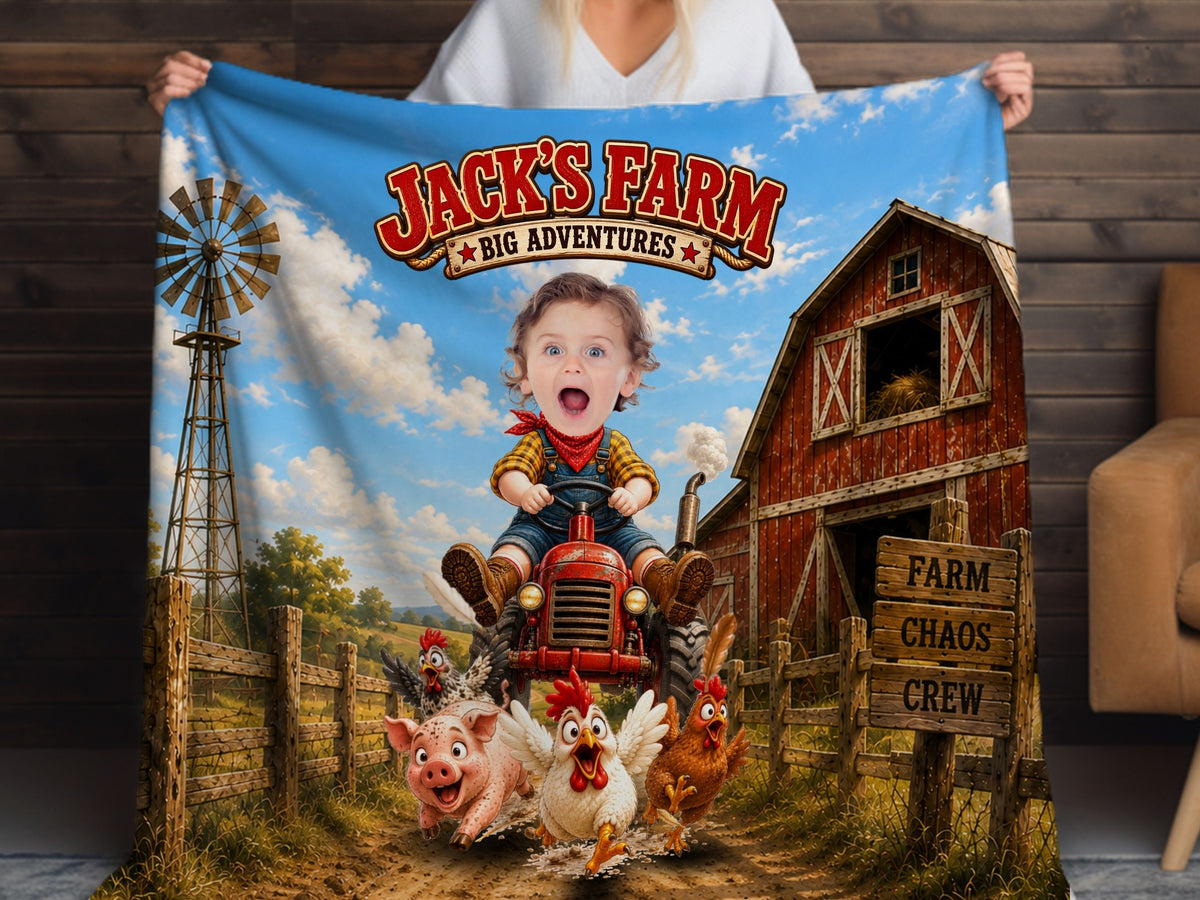 Custom Farm Blanket with Photo, Personalized Tractor Blanket for Kids, Farm Animal Blanket, Farmer Gift