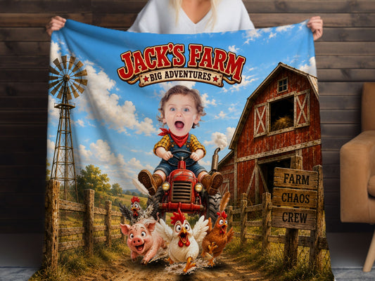 Custom Farm Blanket with Photo, Personalized Tractor Blanket for Kids, Farm Animal Blanket, Farmer Gift
