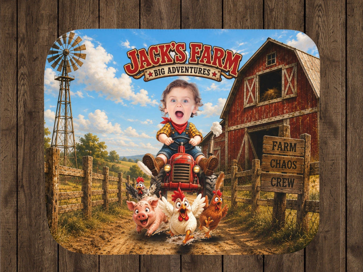 Custom Farm Blanket with Photo, Personalized Tractor Blanket for Kids, Farm Animal Blanket, Farmer Gift
