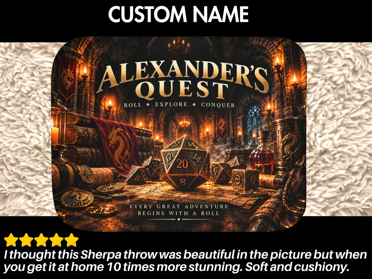 Personalized Fantasy RPG Sherpa Blanket, Custom Name Tabletop Gamer Gift, D20 Dice Blanket, Fantasy Gaming Gift