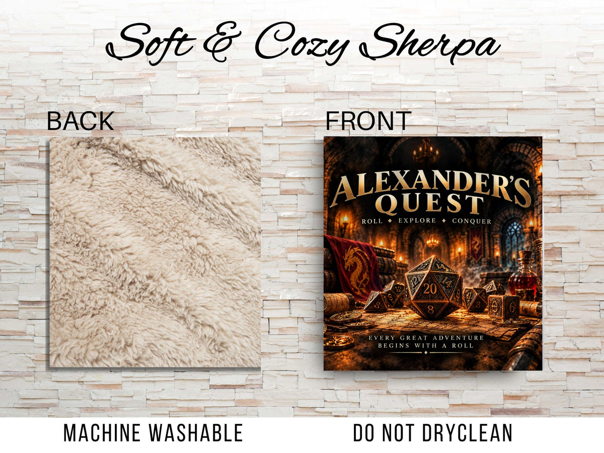 Personalized Fantasy RPG Sherpa Blanket, Custom Name Tabletop Gamer Gift, D20 Dice Blanket, Fantasy Gaming Gift