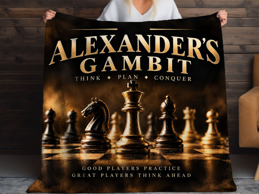 Personalized Chess Sherpa Blanket, Custom Name Chess Gift, Chess Player Blanket, Black Gold Chess Decor