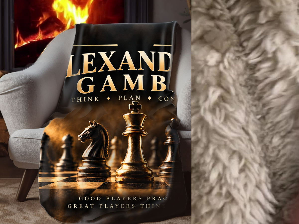 Personalized Chess Sherpa Blanket, Custom Name Chess Gift, Chess Player Blanket, Black Gold Chess Decor