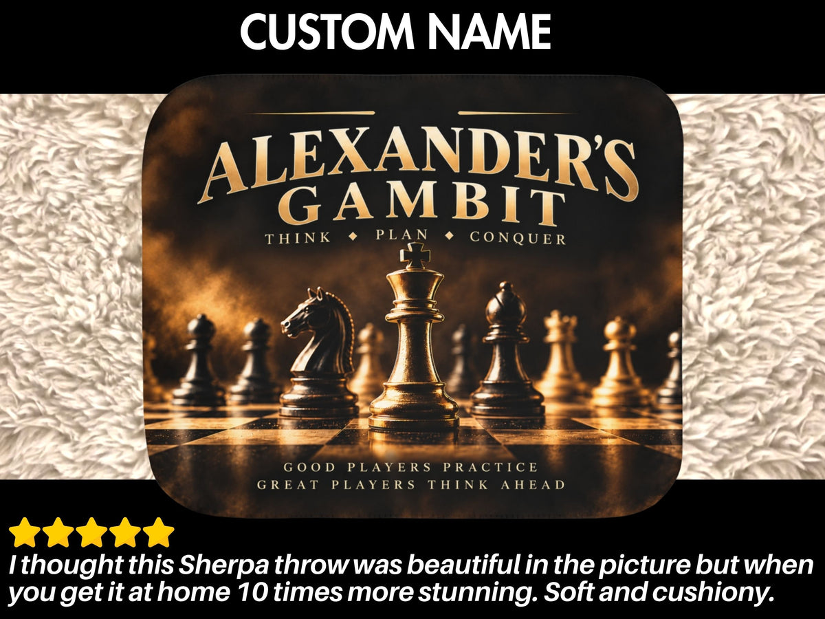 Personalized Chess Sherpa Blanket, Custom Name Chess Gift, Chess Player Blanket, Black Gold Chess Decor