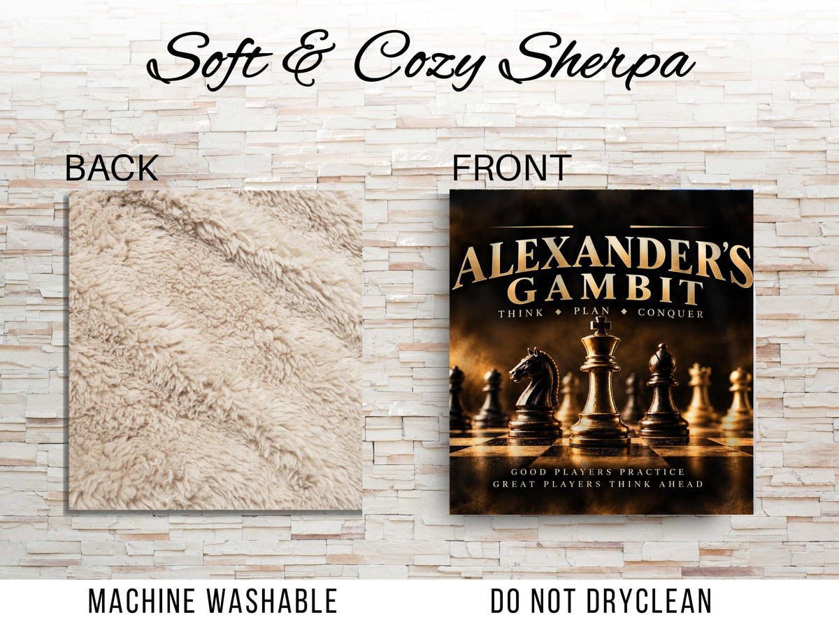 Personalized Chess Sherpa Blanket, Custom Name Chess Gift, Chess Player Blanket, Black Gold Chess Decor