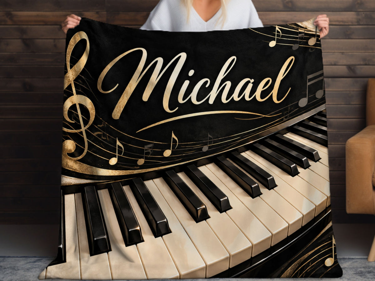 Personalized Piano Sherpa Blanket, Custom Name Music Blanket, Pianist Gift, Piano Lover Gift