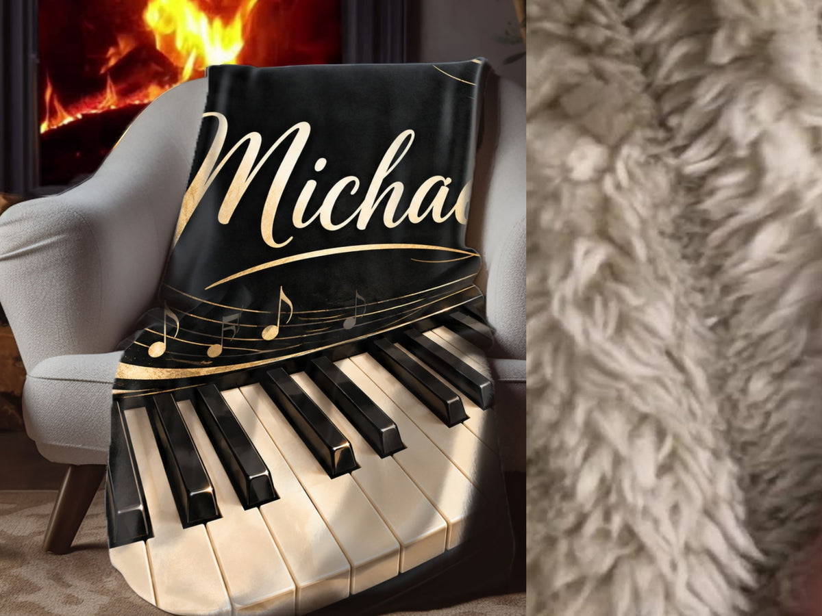 Personalized Piano Sherpa Blanket, Custom Name Music Blanket, Pianist Gift, Piano Lover Gift