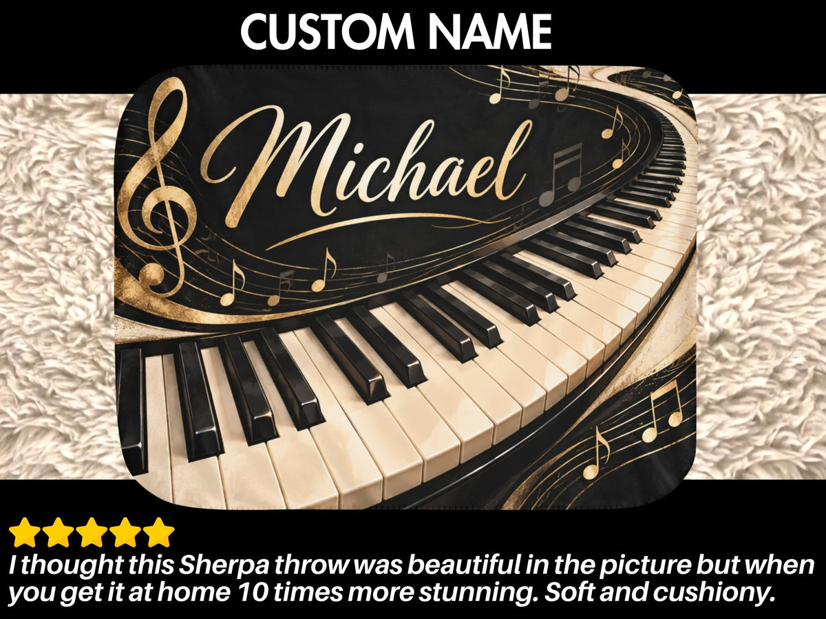 Personalized Piano Sherpa Blanket, Custom Name Music Blanket, Pianist Gift, Piano Lover Gift
