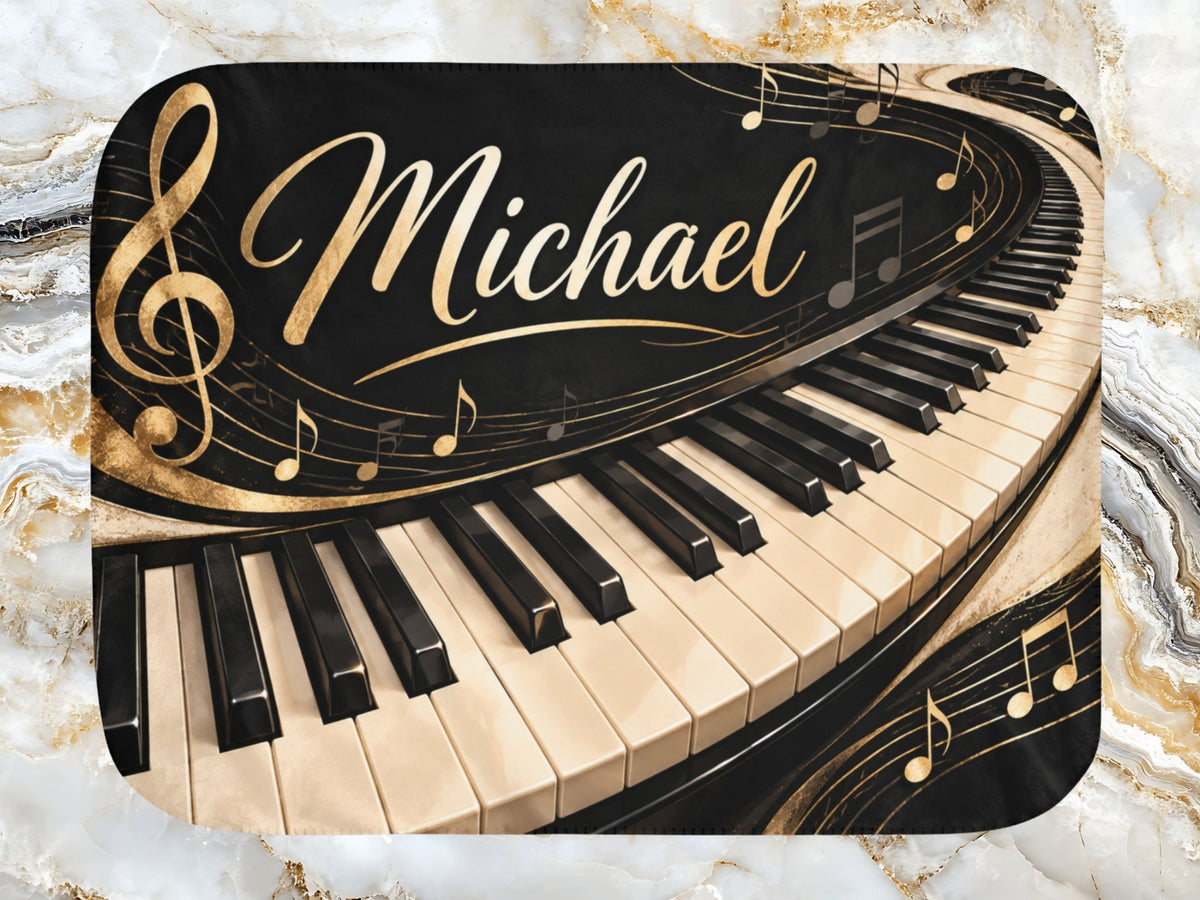 Personalized Piano Sherpa Blanket, Custom Name Music Blanket, Pianist Gift, Piano Lover Gift