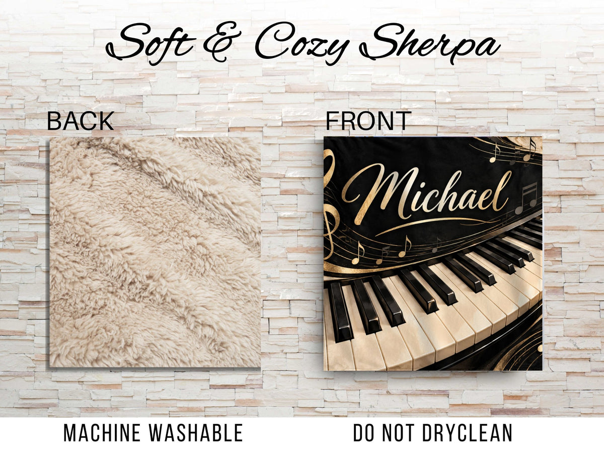 Personalized Piano Sherpa Blanket, Custom Name Music Blanket, Pianist Gift, Piano Lover Gift