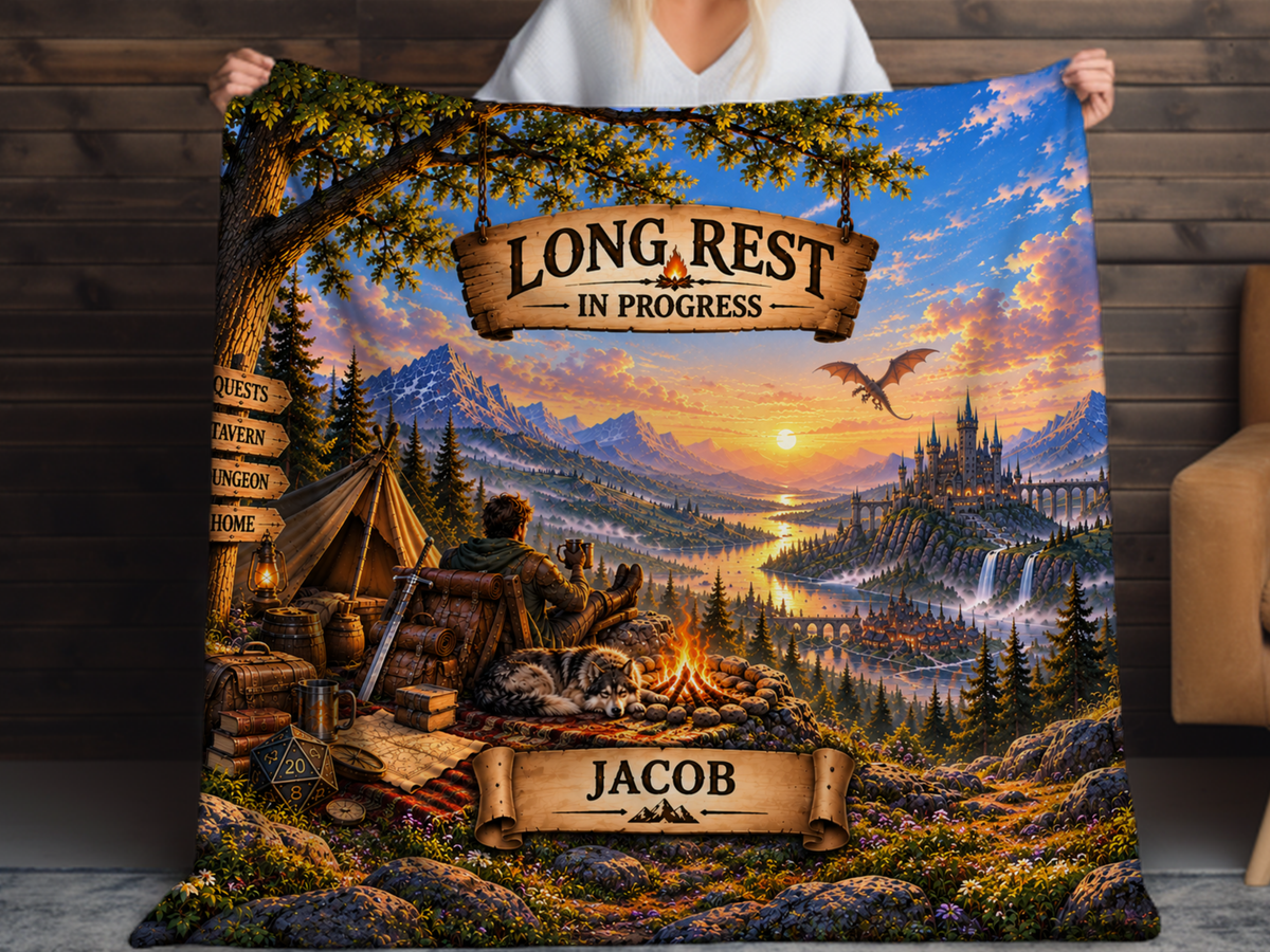 Personalized Gamer Sherpa Blanket, Long Rest in Progress Fantasy RPG Blanket, Custom Name Gift