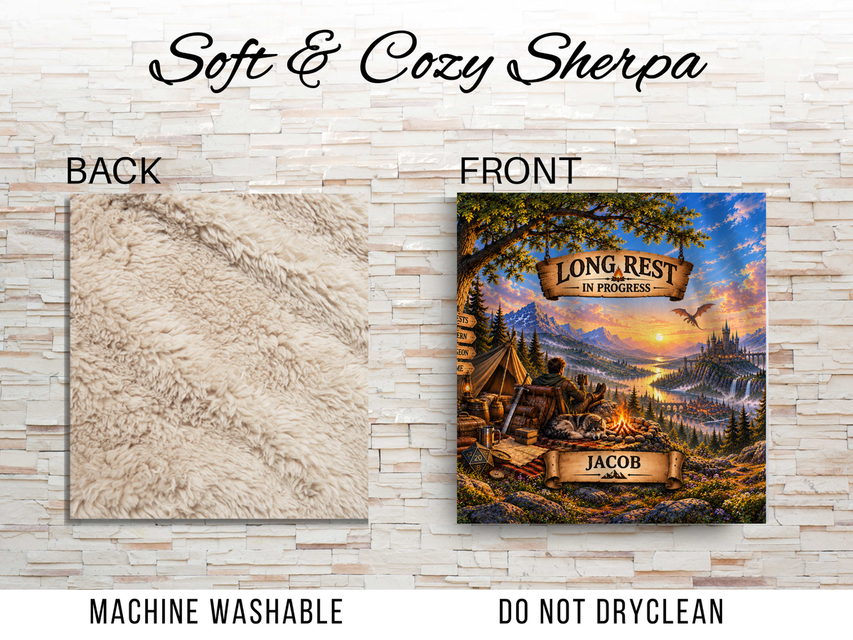 Personalized Gamer Sherpa Blanket, Long Rest in Progress Fantasy RPG Blanket, Custom Name Gift