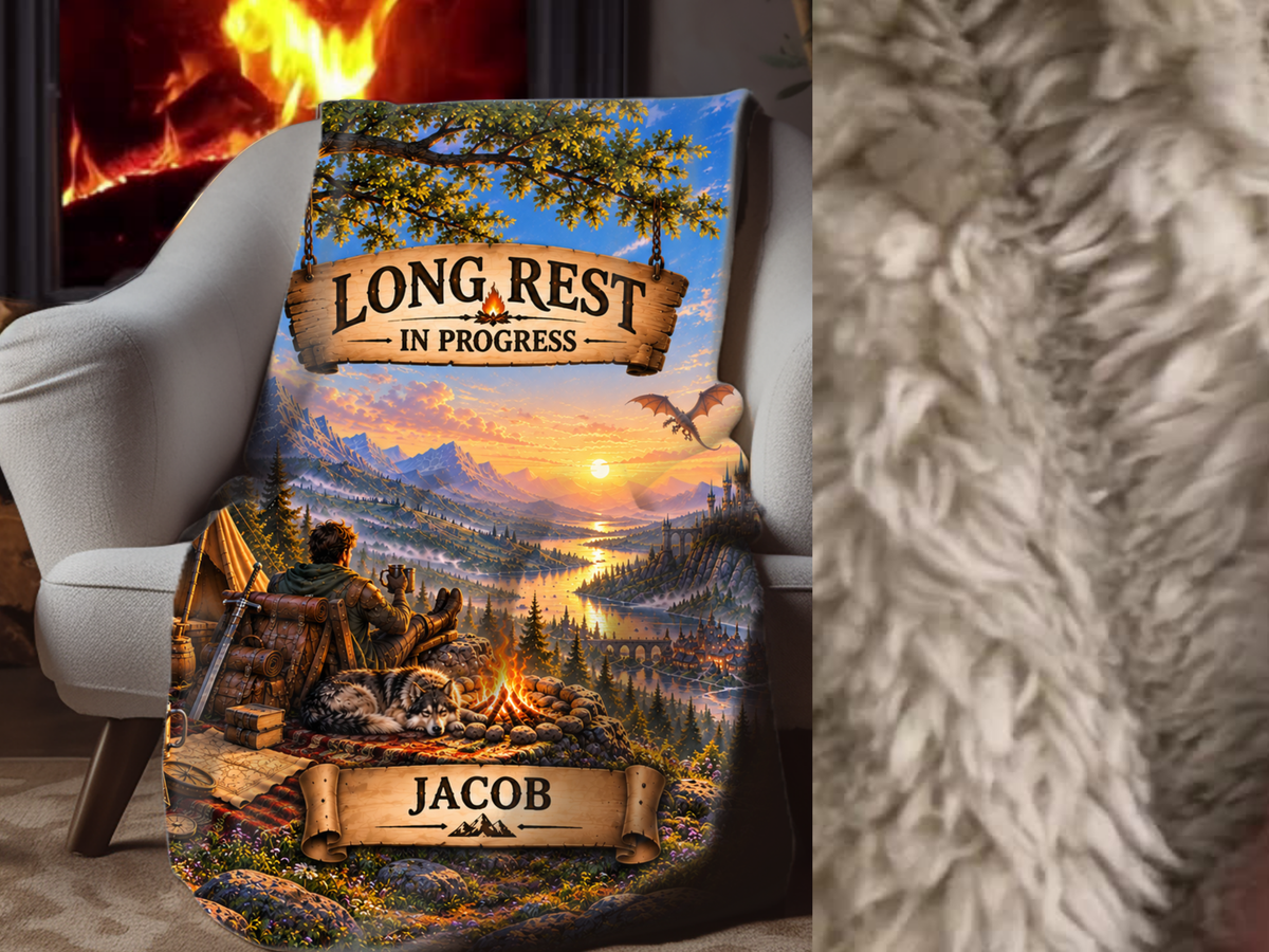 Personalized Gamer Sherpa Blanket, Long Rest in Progress Fantasy RPG Blanket, Custom Name Gift
