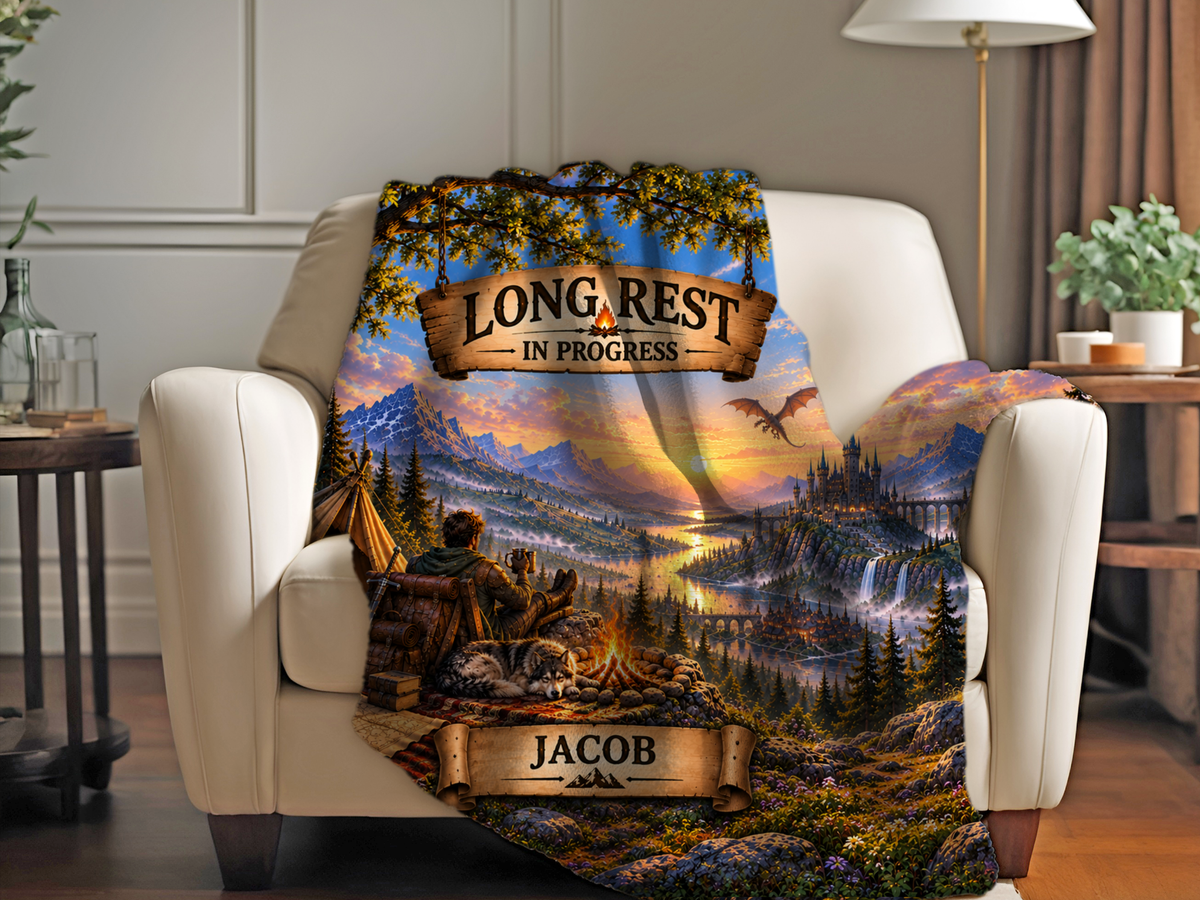 Personalized Gamer Sherpa Blanket, Long Rest in Progress Fantasy RPG Blanket, Custom Name Gift