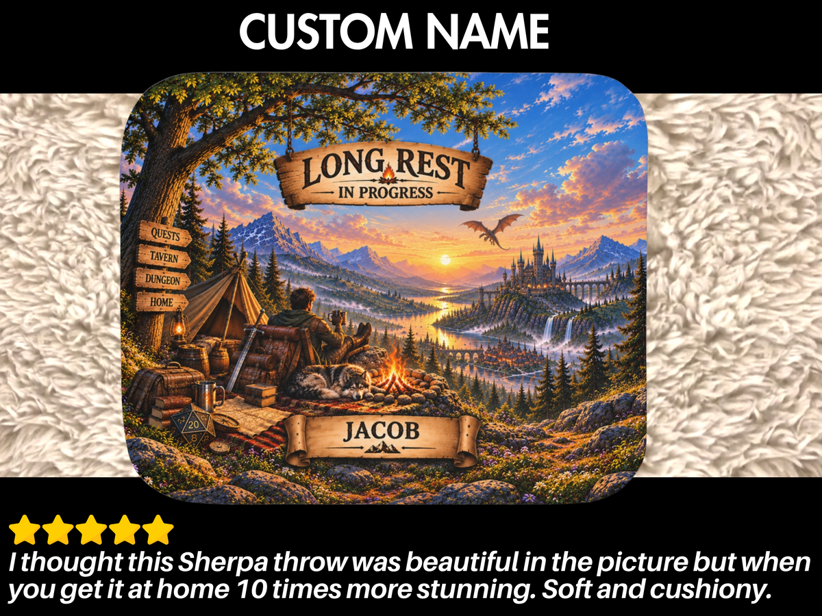 Personalized Gamer Sherpa Blanket, Long Rest in Progress Fantasy RPG Blanket, Custom Name Gift