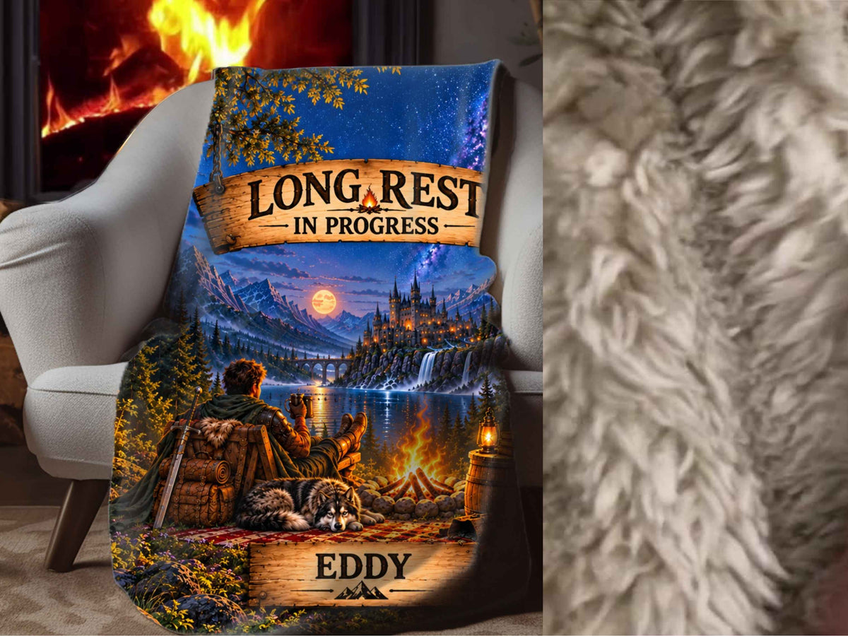 Personalized Fantasy Gamer Blanket, Custom Name Sherpa Throw, DND Gift, RPG Gaming Blanket