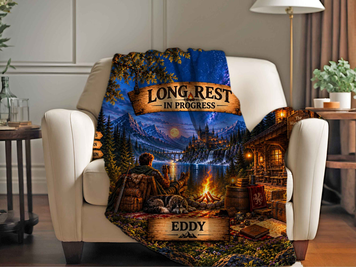 Personalized Fantasy Gamer Blanket, Custom Name Sherpa Throw, DND Gift, RPG Gaming Blanket