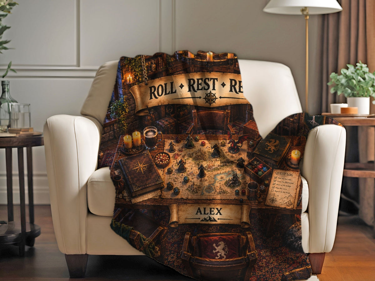 Personalized Tabletop RPG Dragon Blanket, Custom Name Fantasy Gamer Sherpa Blanket, Dungeon Game Master Gift, Dice Lover Gift