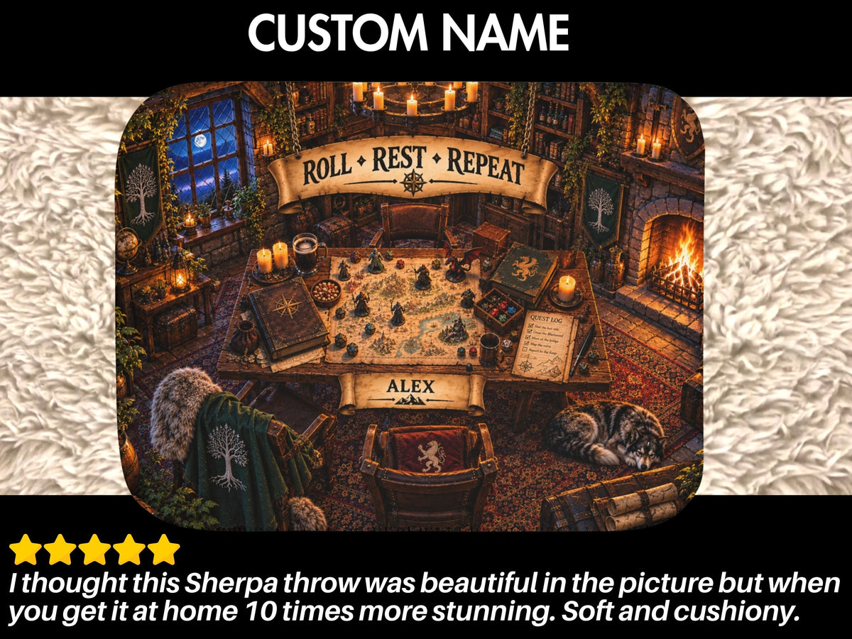 Personalized Tabletop RPG Dragon Blanket, Custom Name Fantasy Gamer Sherpa Blanket, Dungeon Game Master Gift, Dice Lover Gift