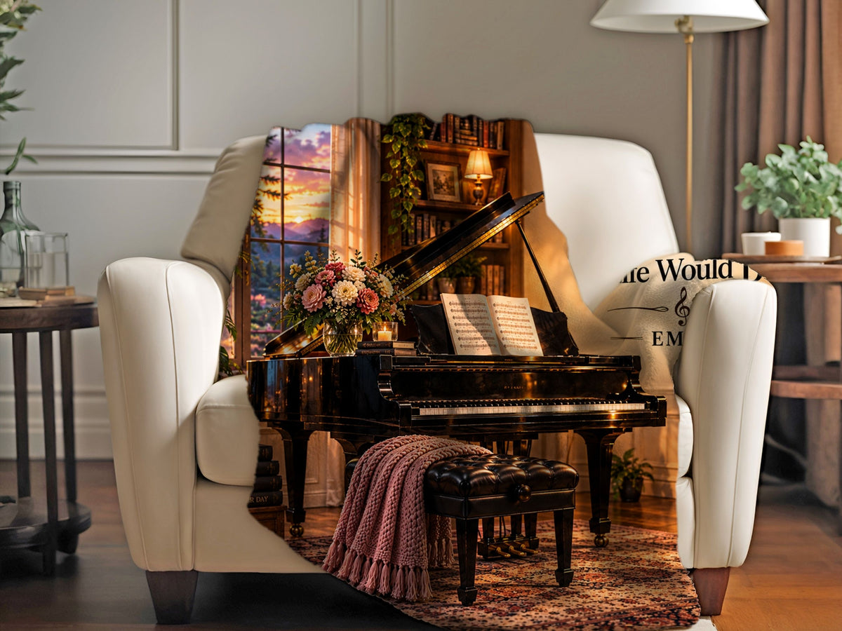 Personalized Piano Sherpa Blanket, Custom Name Pianist Gift, Music Lover Blanket