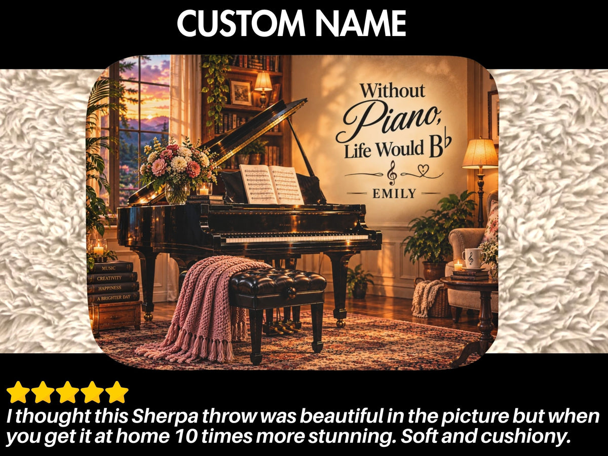 Personalized Piano Sherpa Blanket, Custom Name Pianist Gift, Music Lover Blanket