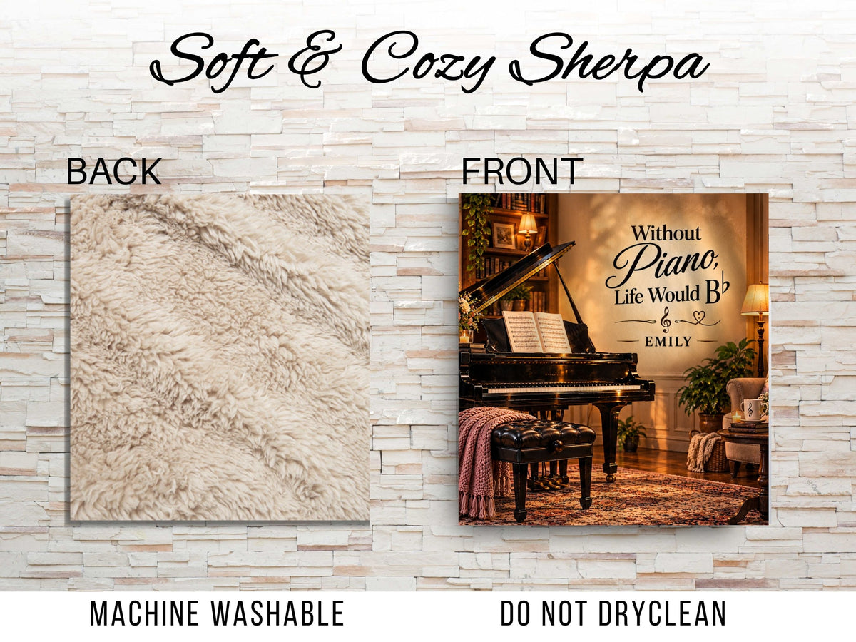 Personalized Piano Sherpa Blanket, Custom Name Pianist Gift, Music Lover Blanket