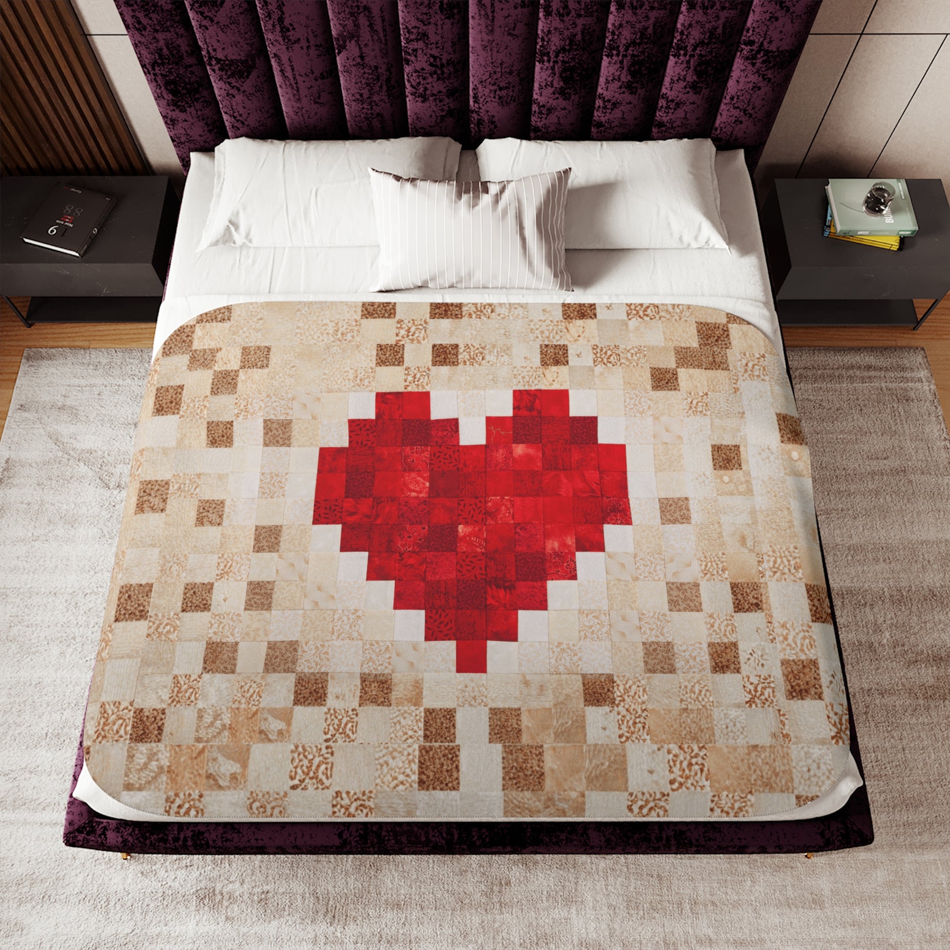 Sherpa Throw Blanket Patchwork Heart Design Design Soft Plush Throw Blank-Jacobson Cottage