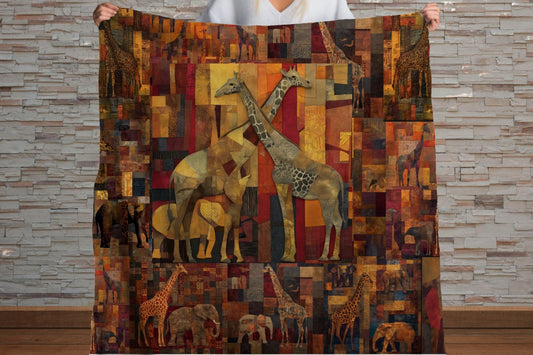 Sherpa Throw Blanket - African Collage Giraffe and Elephant Art Soft Plush Throw Blanket