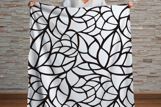 Sherpa Throw Blanket - Black and White Abstract Leaf Pattern - Soft Plush Throw Blanket