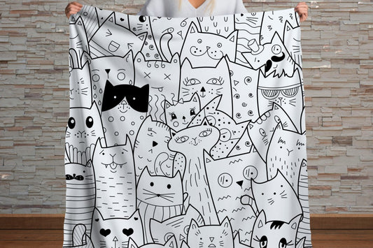 Sherpa Throw Blanket - Black and White Comic Cats - Soft Plush Throw Blanket