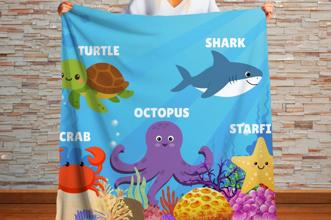 Sherpa Throw Blanket - Kids Ocean Animals Design - Soft Plush Throw Blanket-Jacobson Cottage