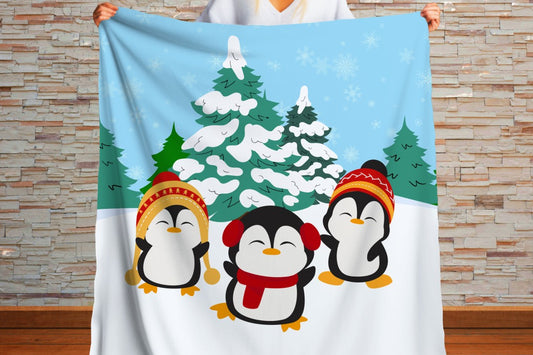 Sherpa Throw Blanket - Winter Penguins in Snow - Soft Plush Throw Blanket-Jacobson Cottage