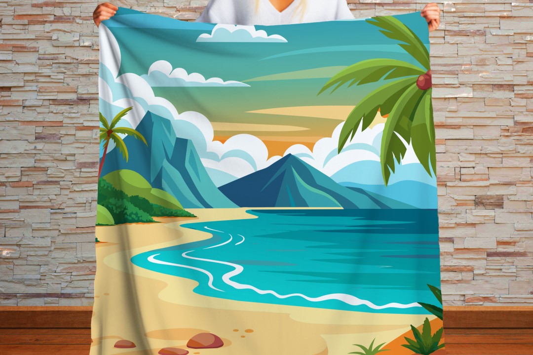 Sherpa Throw Blanket - Tropical Beach and Palm Trees - Soft Plush Throw Blanket-Jacobson Cottage