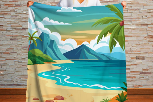 Sherpa Throw Blanket - Tropical Beach and Palm Trees - Soft Plush Throw Blanket-Jacobson Cottage