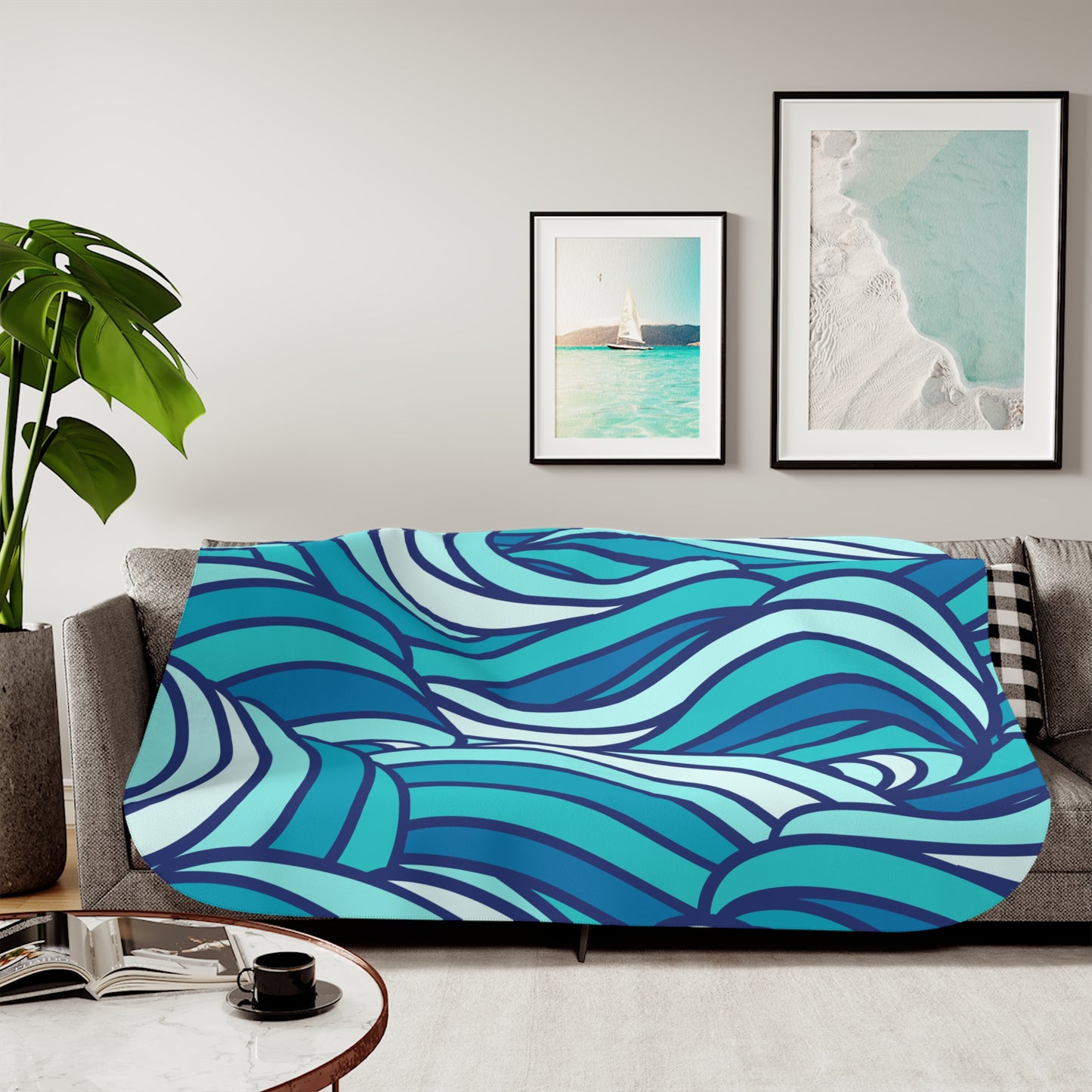 Ocean Waves Sherpa Throw Abstract Blue Sherpa Throw Blanket Custom Cozy Winter Gift for Beach Lovers Coastal Vibes Water Pattern Decor-Jacobson Cottage