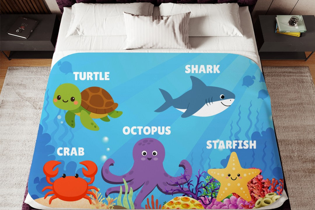 Sherpa Throw Blanket - Kids Ocean Animals Design - Soft Plush Throw Blanket-Jacobson Cottage