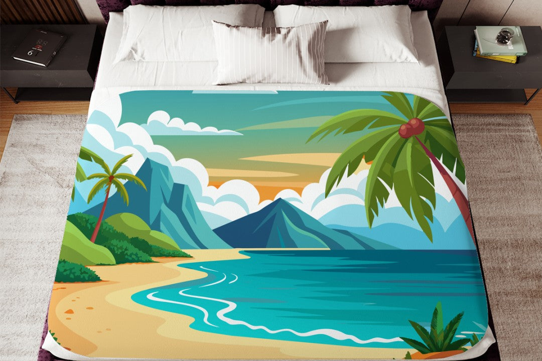 Sherpa Throw Blanket - Tropical Beach and Palm Trees - Soft Plush Throw Blanket-Jacobson Cottage