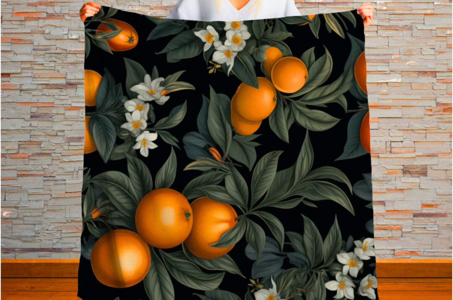 Sherpa Throw Blanket - Orange Fruit and Blossom Pattern Elegant Botanical - Soft Plush Throw Blanket-Jacobson Cottage