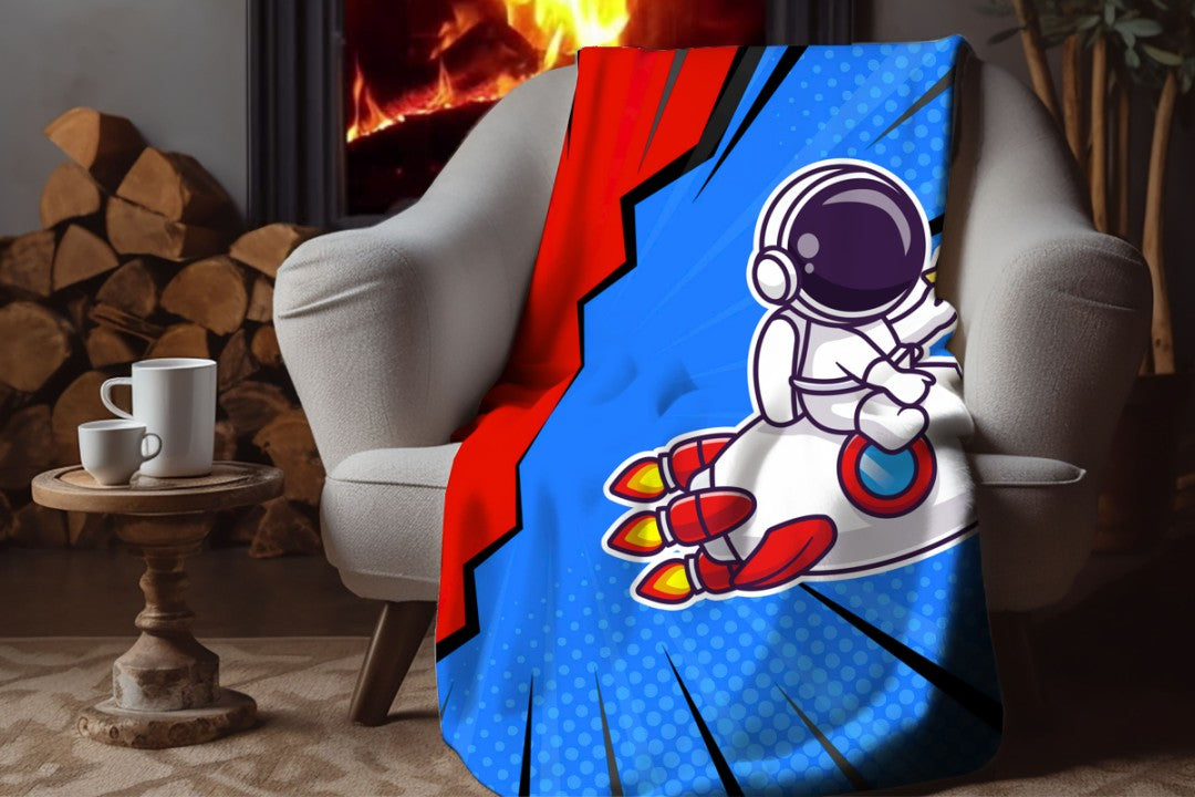 Sherpa Throw Blanket - Kids Rocket Ship Astronaut Design - Soft Plush Throw Blanket-Jacobson Cottage