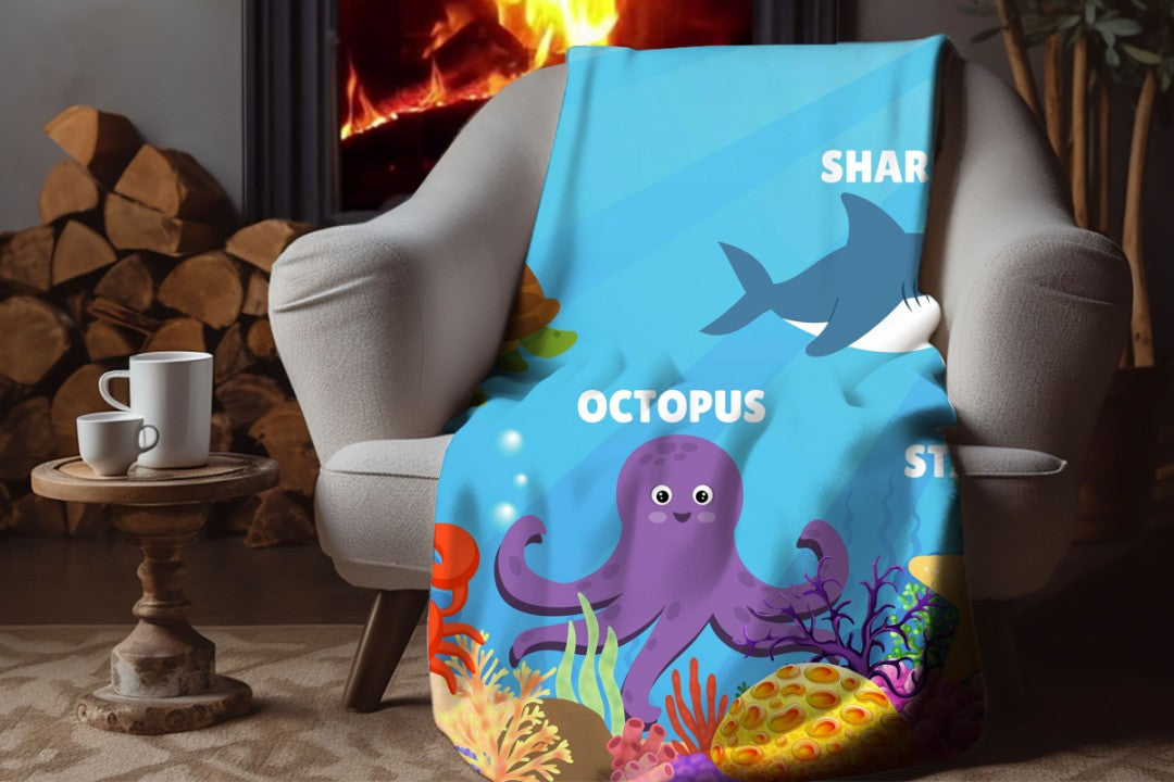 Sherpa Throw Blanket - Kids Ocean Animals Design - Soft Plush Throw Blanket-Jacobson Cottage