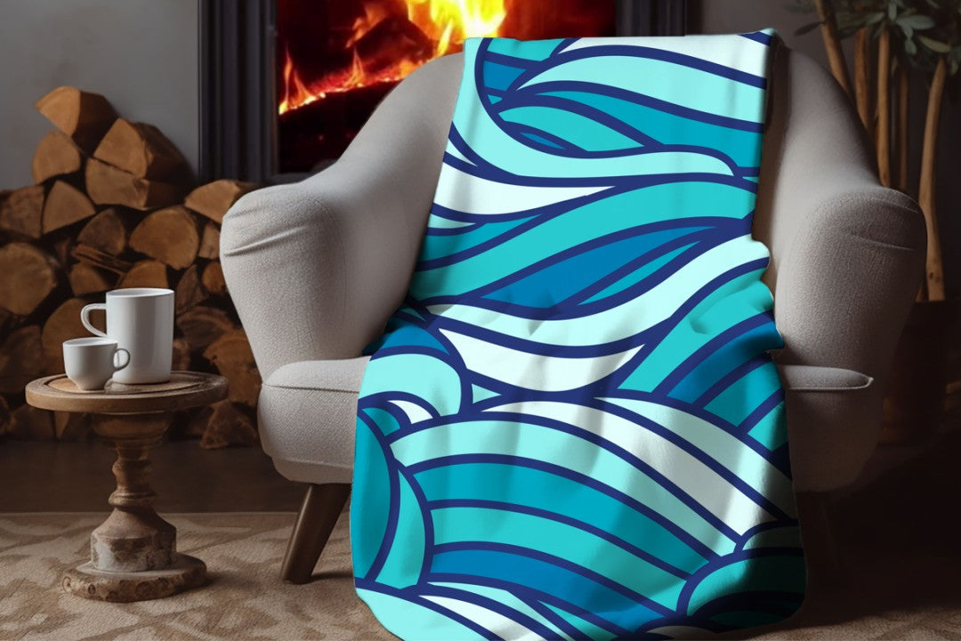 Ocean Waves Sherpa Throw Abstract Blue Sherpa Throw Blanket Custom Cozy Winter Gift for Beach Lovers Coastal Vibes Water Pattern Decor-Jacobson Cottage