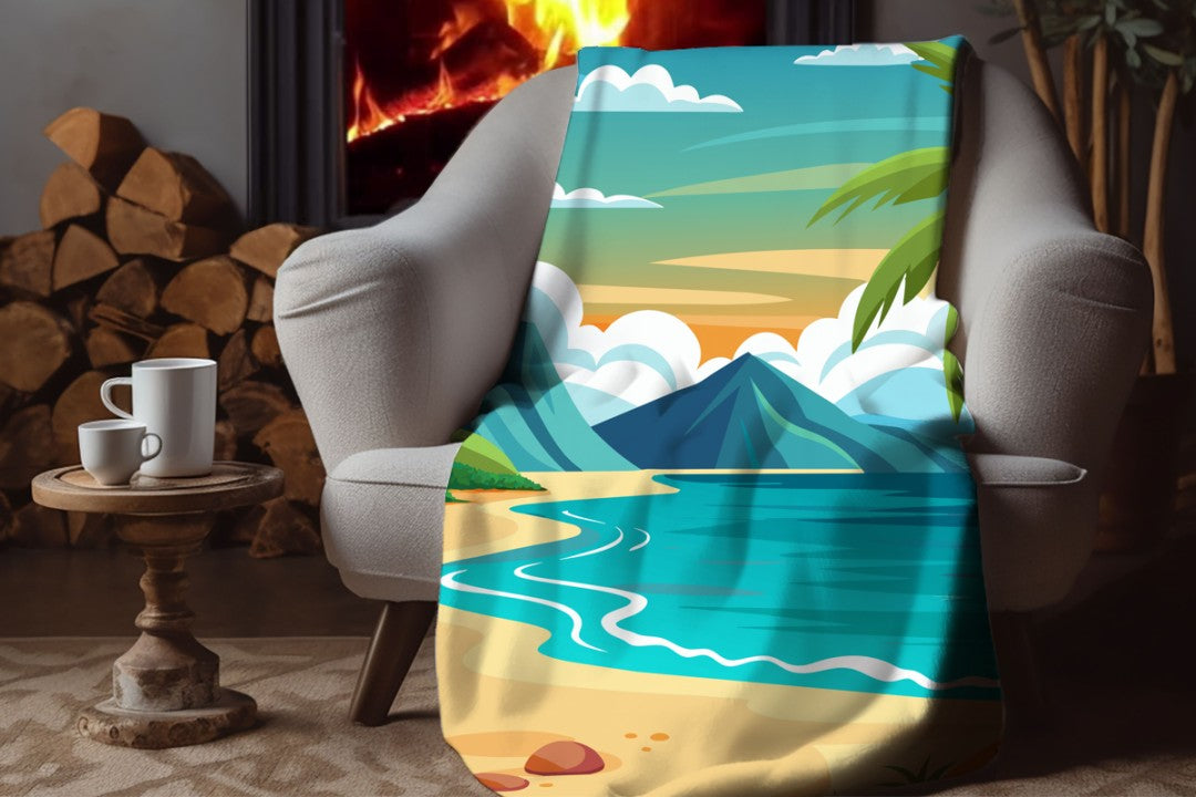 Sherpa Throw Blanket - Tropical Beach and Palm Trees - Soft Plush Throw Blanket-Jacobson Cottage