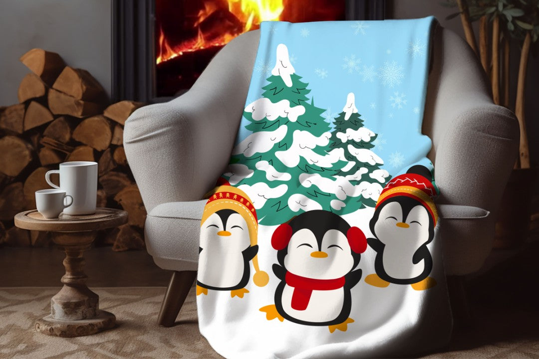 Sherpa Throw Blanket - Winter Penguins in Snow - Soft Plush Throw Blanket-Jacobson Cottage