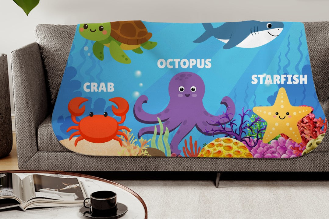 Sherpa Throw Blanket - Kids Ocean Animals Design - Soft Plush Throw Blanket-Jacobson Cottage