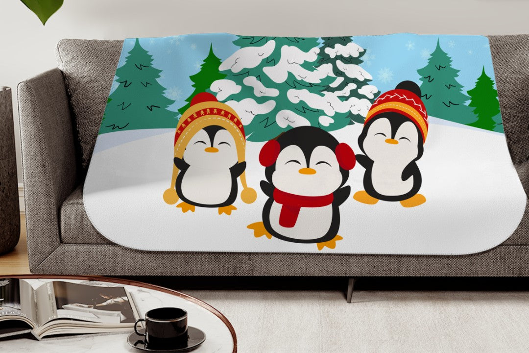 Sherpa Throw Blanket - Winter Penguins in Snow - Soft Plush Throw Blanket-Jacobson Cottage