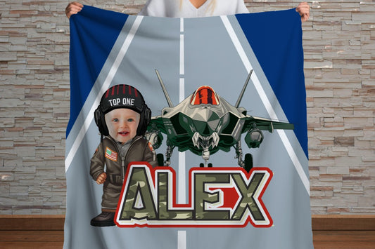 Sherpa Throw Blanket - Baby Pilot with Fighter Jet Personalized Custom Face and Name - Soft Plush Throw Blanket