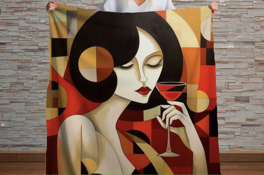 Sherpa Throw Blanket - Abstract Woman with Wine Glass Modern Art Style - Soft Plush Throw Blanket